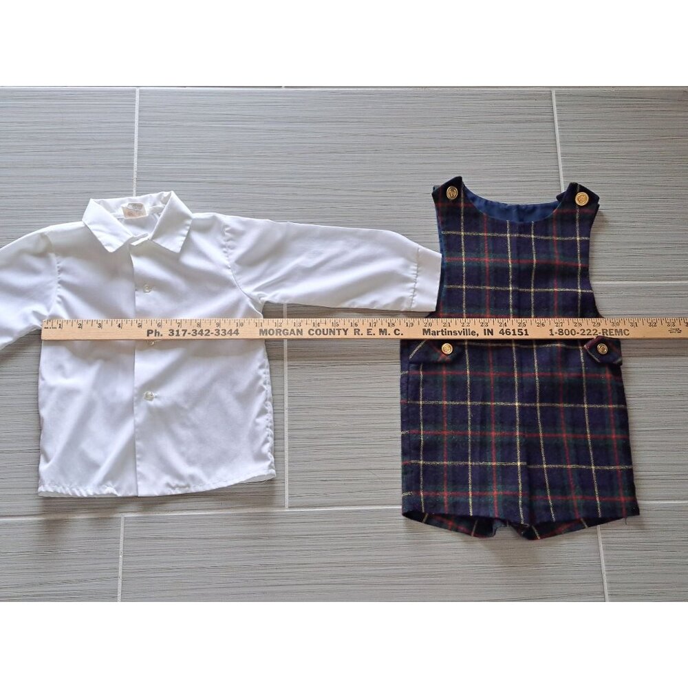 Vintage Good Lad 4T White Shirt Unisex Plaid Wool Blend Shortalls Gold Buttons - Picture 9 of 9